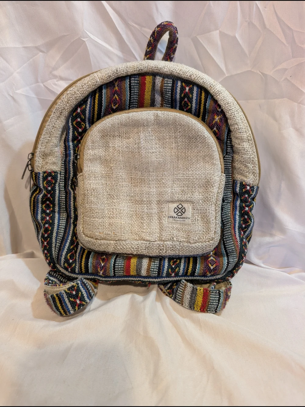 Boho Natural Beige & Multicolor Woven Hemp Backpack by Freak Mandu